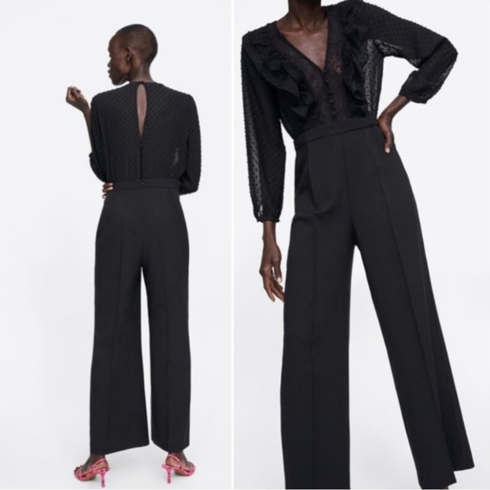 Zara Mesh Swiss Dots Black Wide-Leg Jumpsuit XL